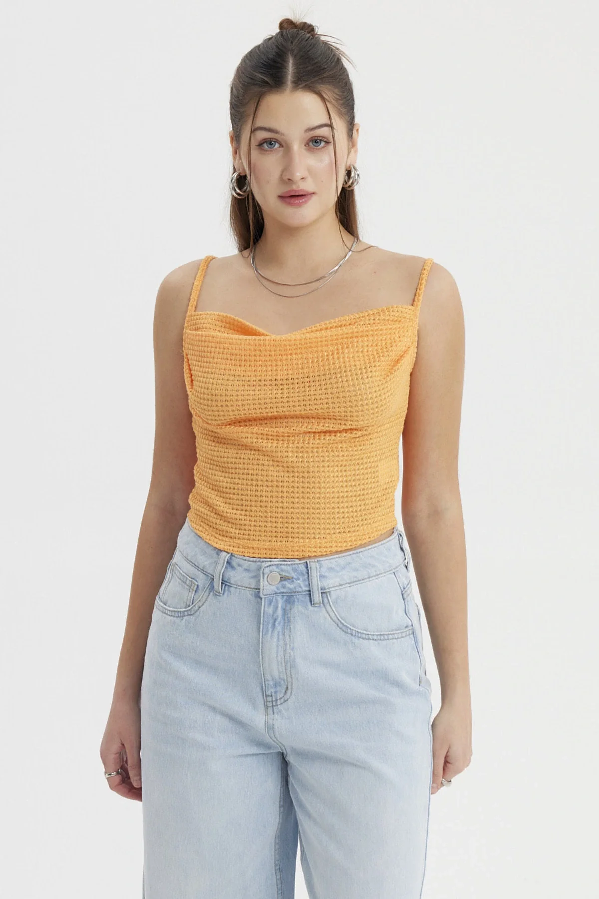 Polera Mujer Escote Drapeado Naranjo
