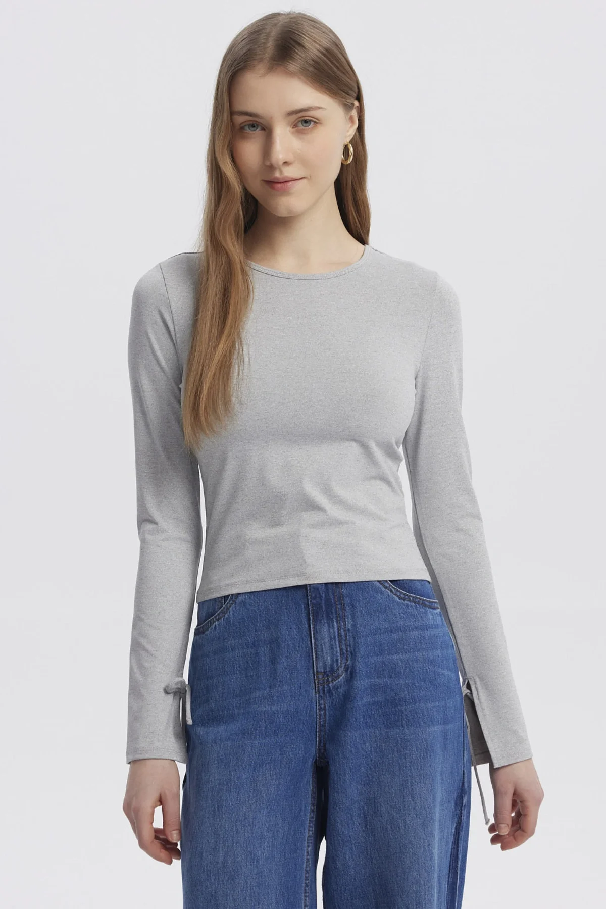 Polera Mujer Lazo Puño Gris Melange