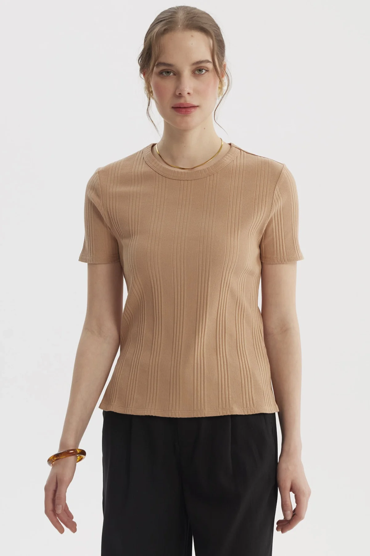 Polera Mujer Lisa Rib Beige Oscuro