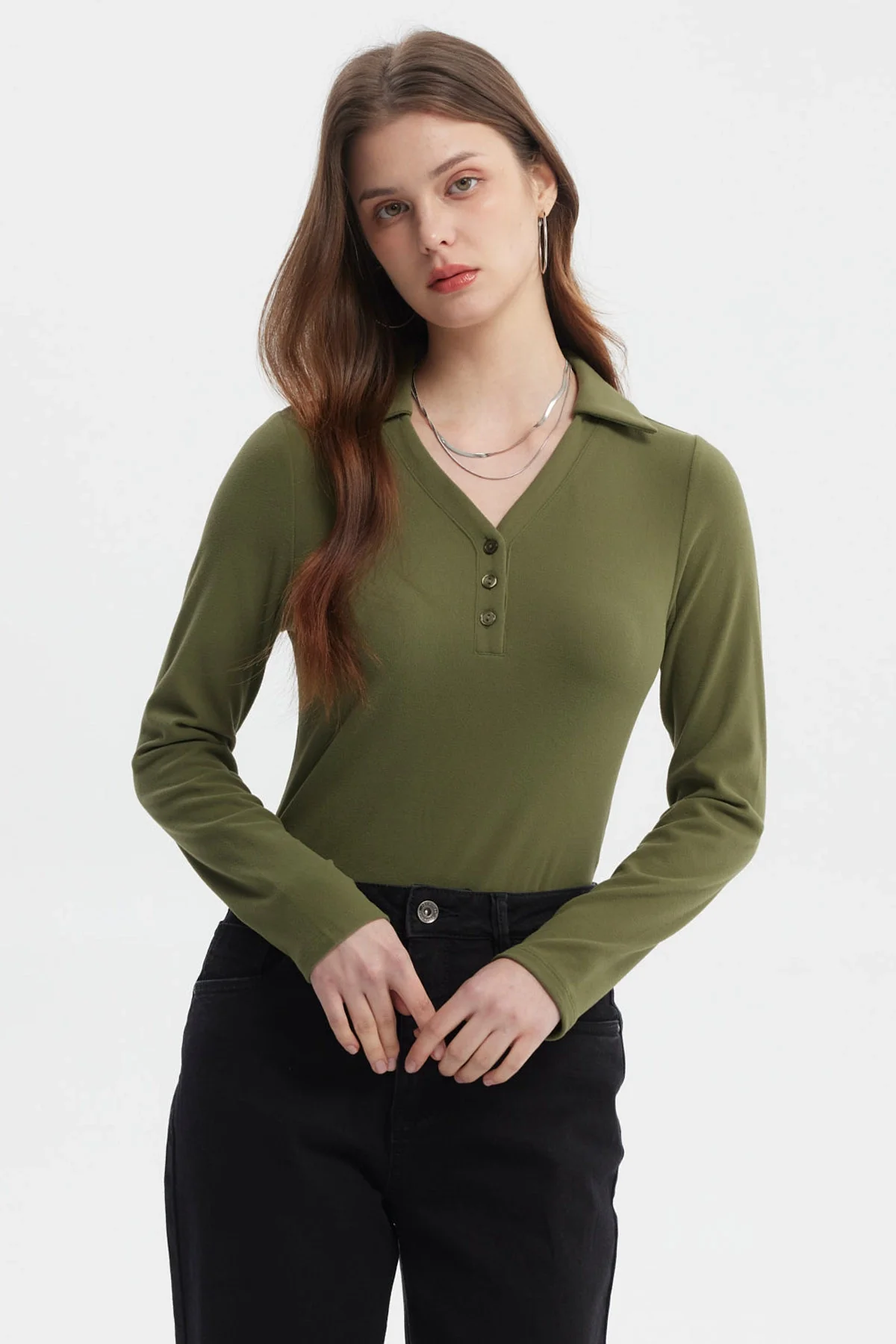 Polera Mujer Manga Larga Verde Militar Claro