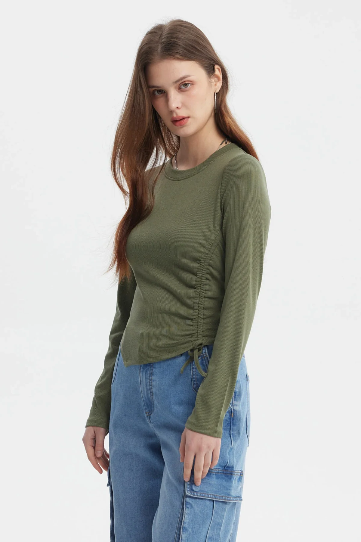 Polera Mujer Recogido Costado Verde Militar Claro - Image 2