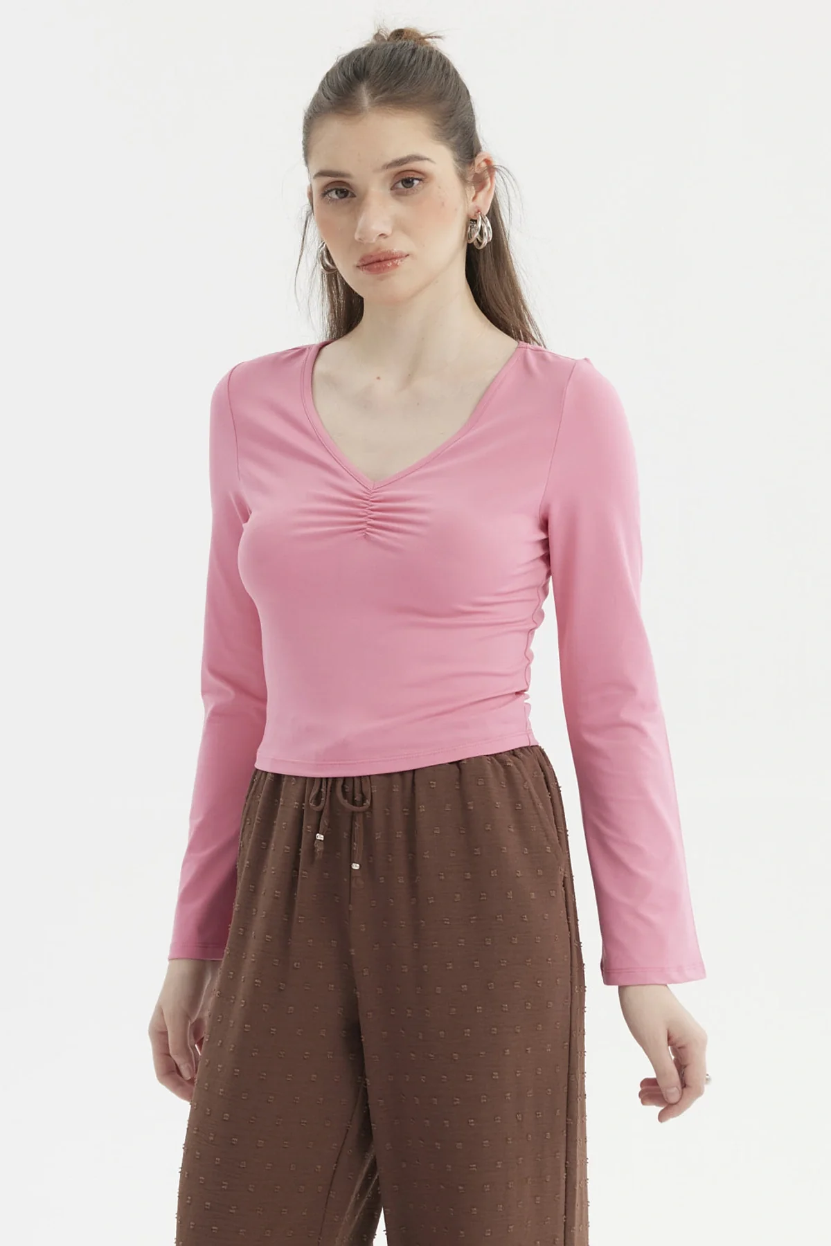 Polera Mujer Recogido Escote Rosa