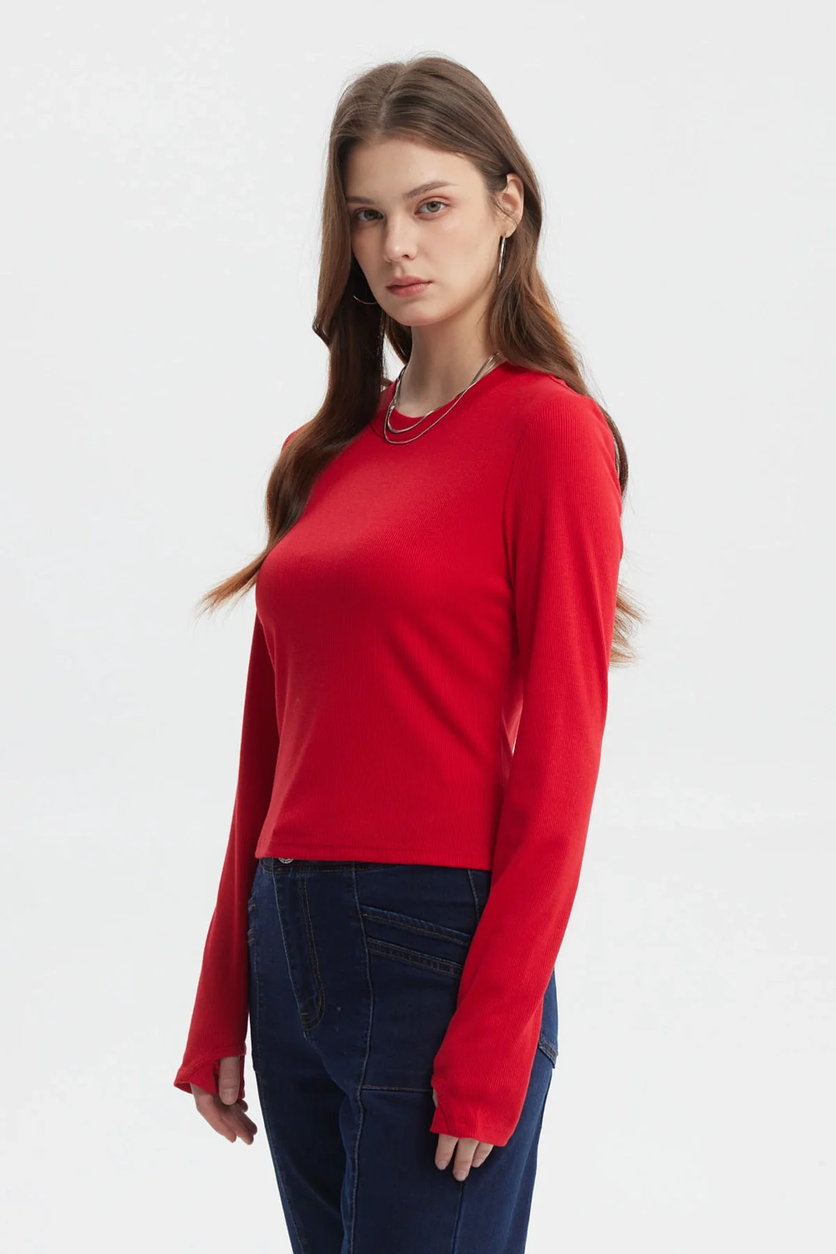 Polera Mujer Rib Abertura Puño Rojo - Image 2