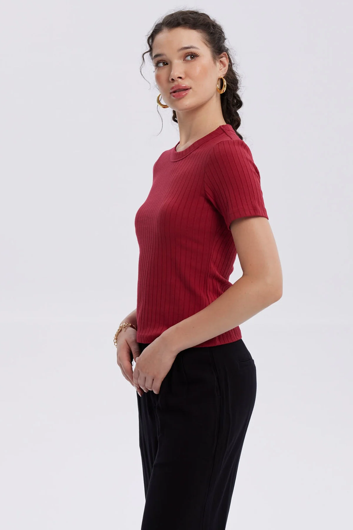 Polera Mujer Rib Crop Lisa Rojo Oscuro - Image 2