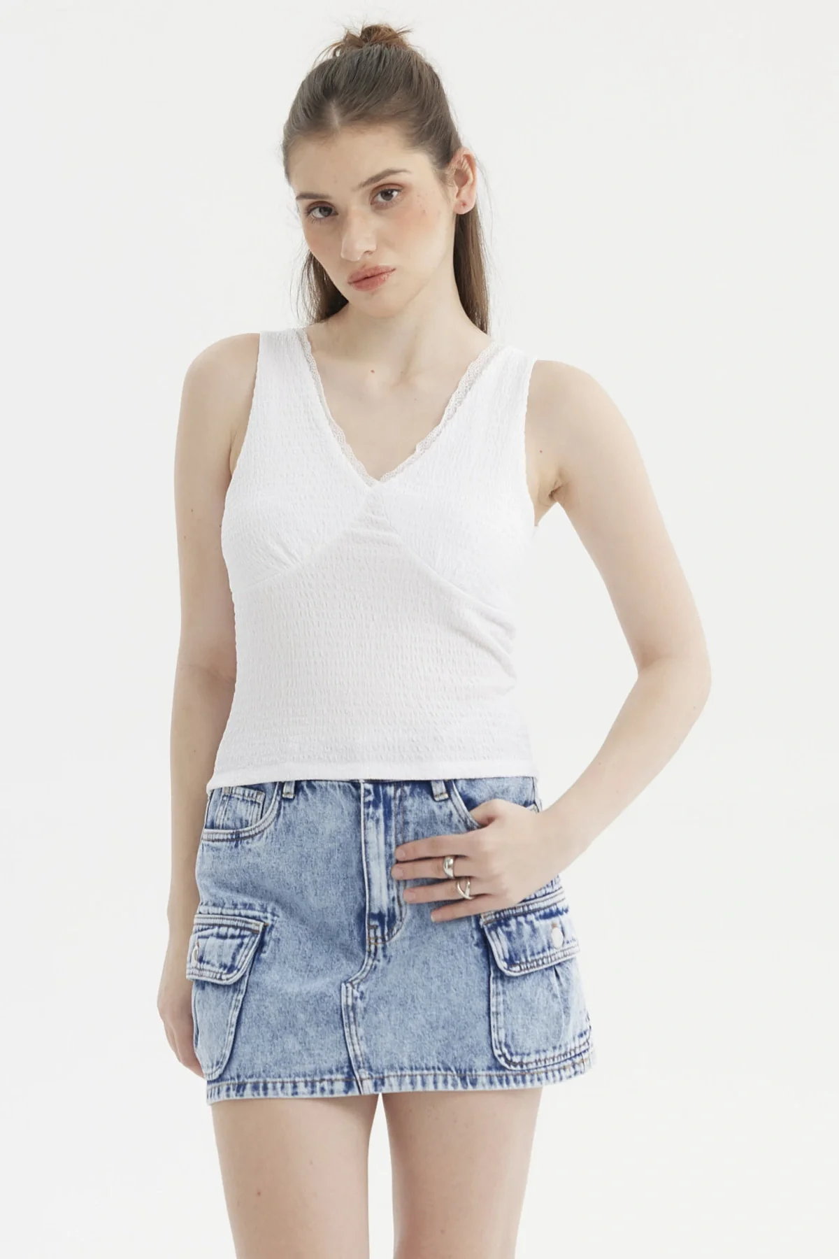 Polera Mujer Textura Escote V Blanco