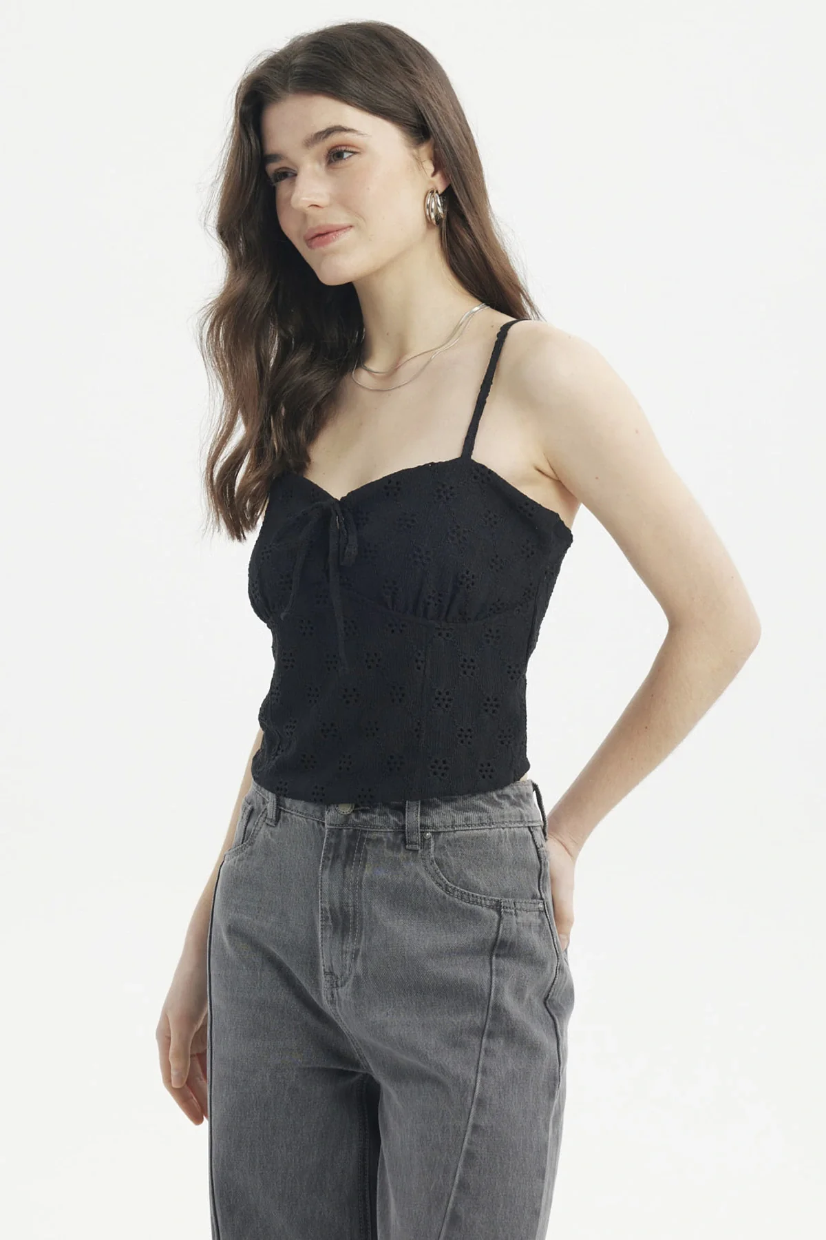 Polera Mujer Tirantes Crop Lazo En Escote Negro - Image 2