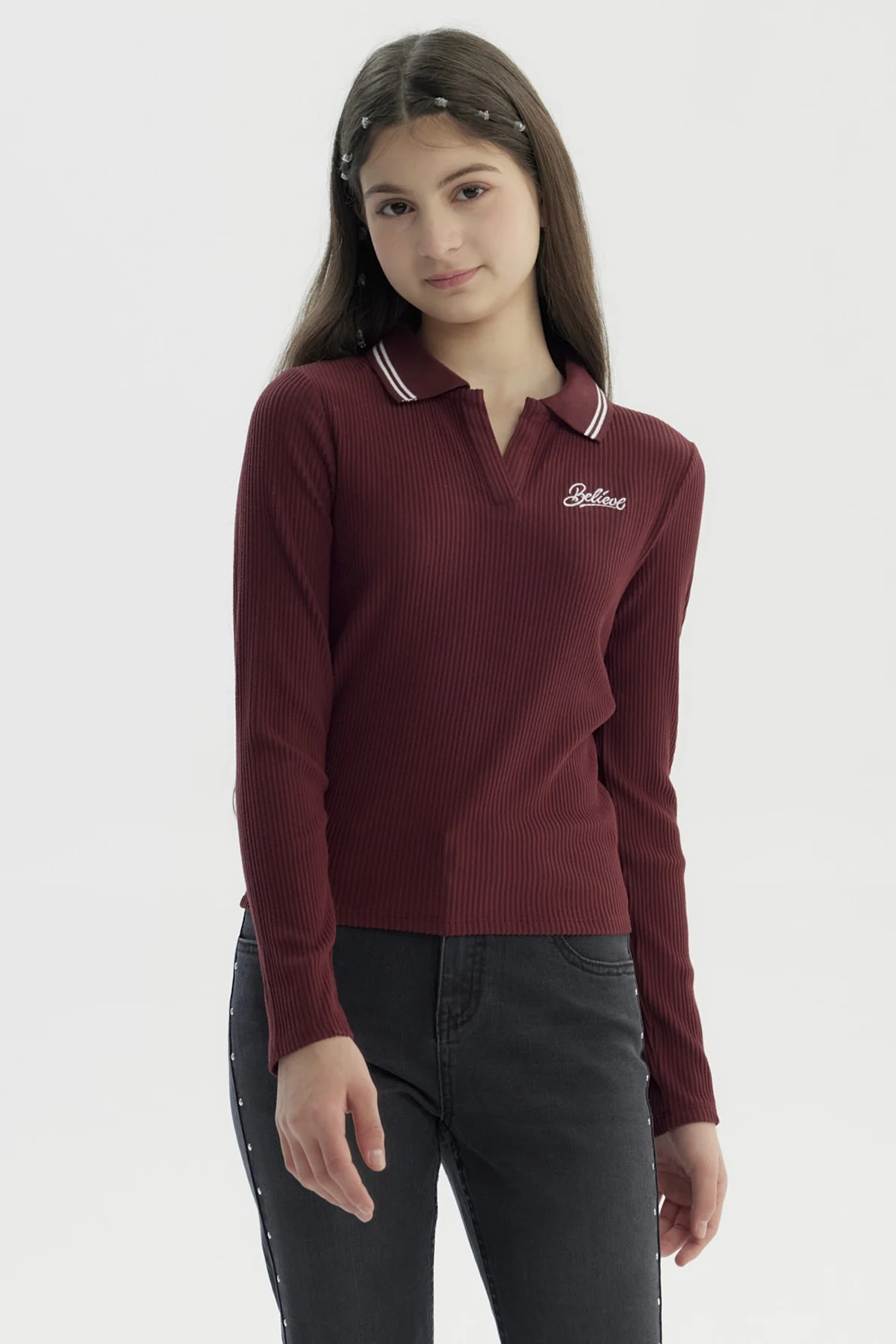 Polera Niña Escote En V Burdeo