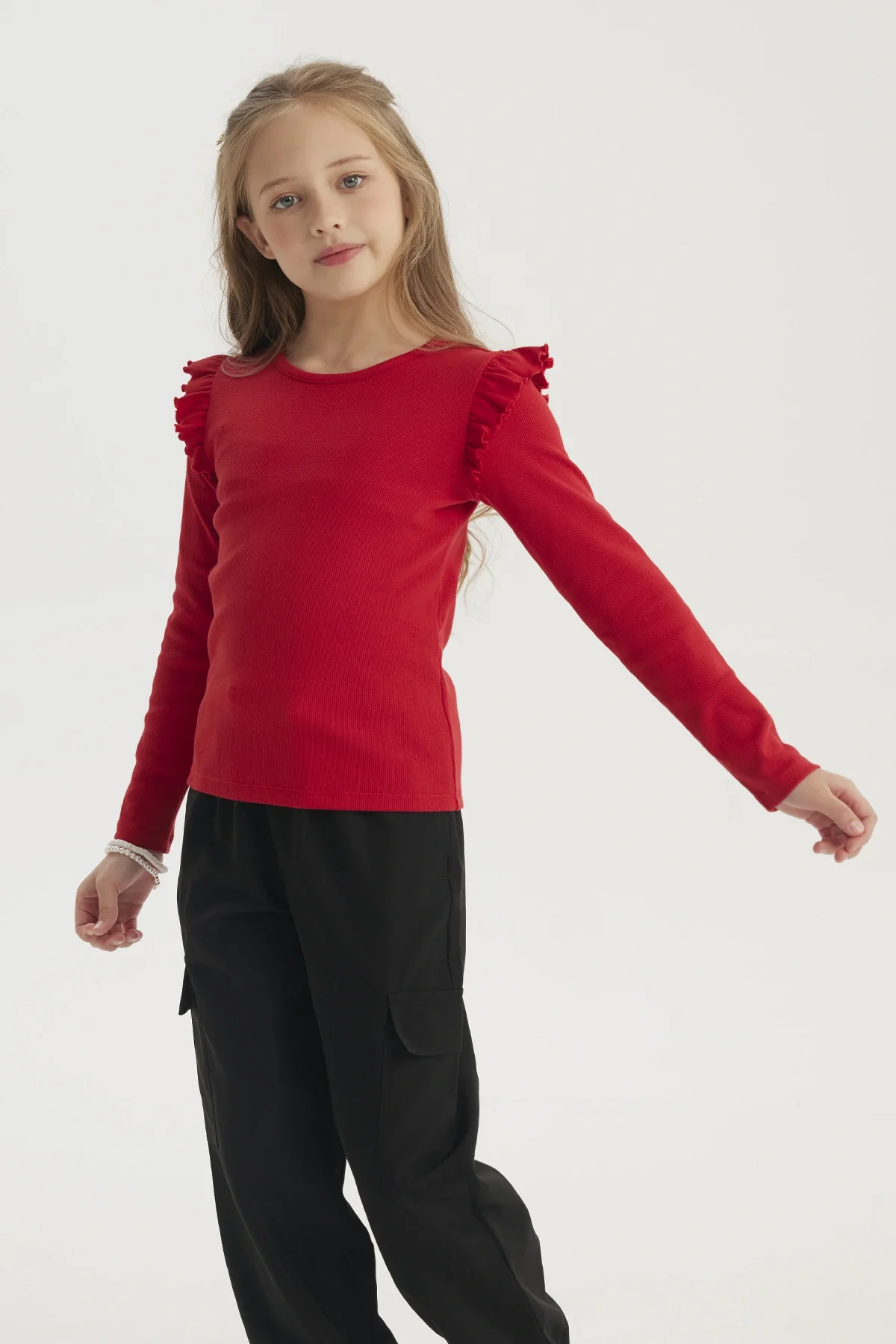 Polera Niña Teen Con Vuelos Rojo - Image 2