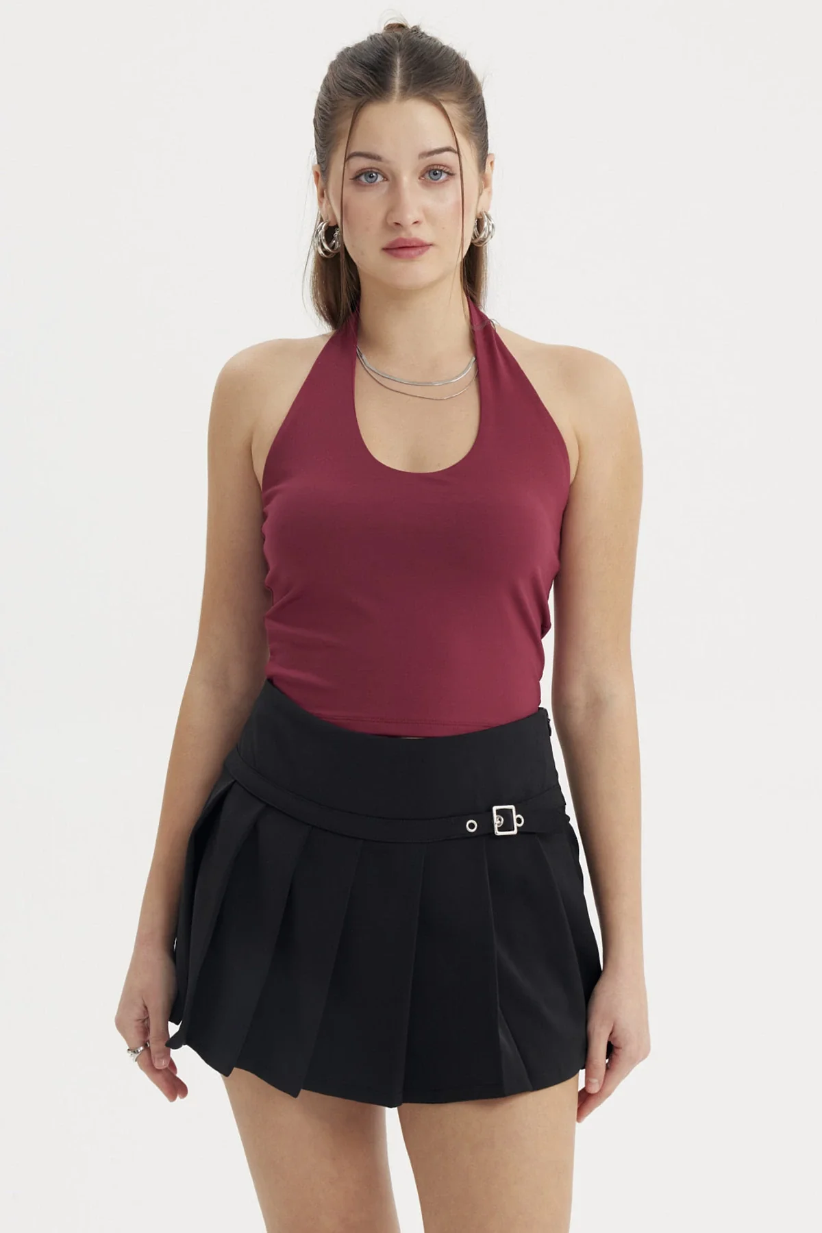 Polera Peto Mujer Halter Liso Crop Vino
