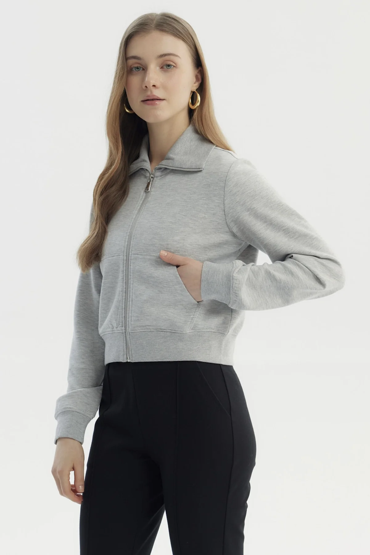 Polerón Mujer Cuello Alto Full Zipper Gris Melange - Image 2