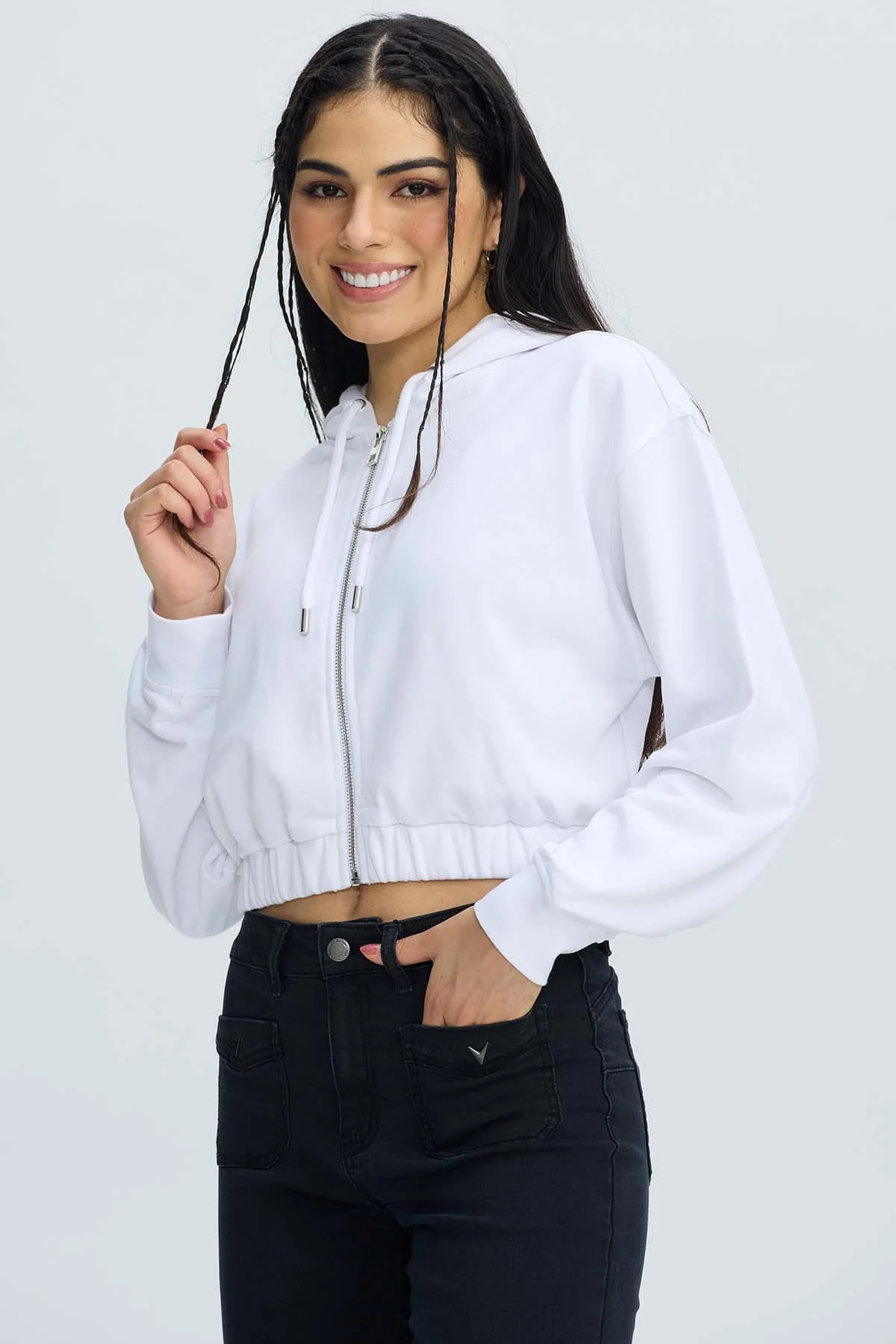 Polerón Mujer Full Zipper Crop Crudo