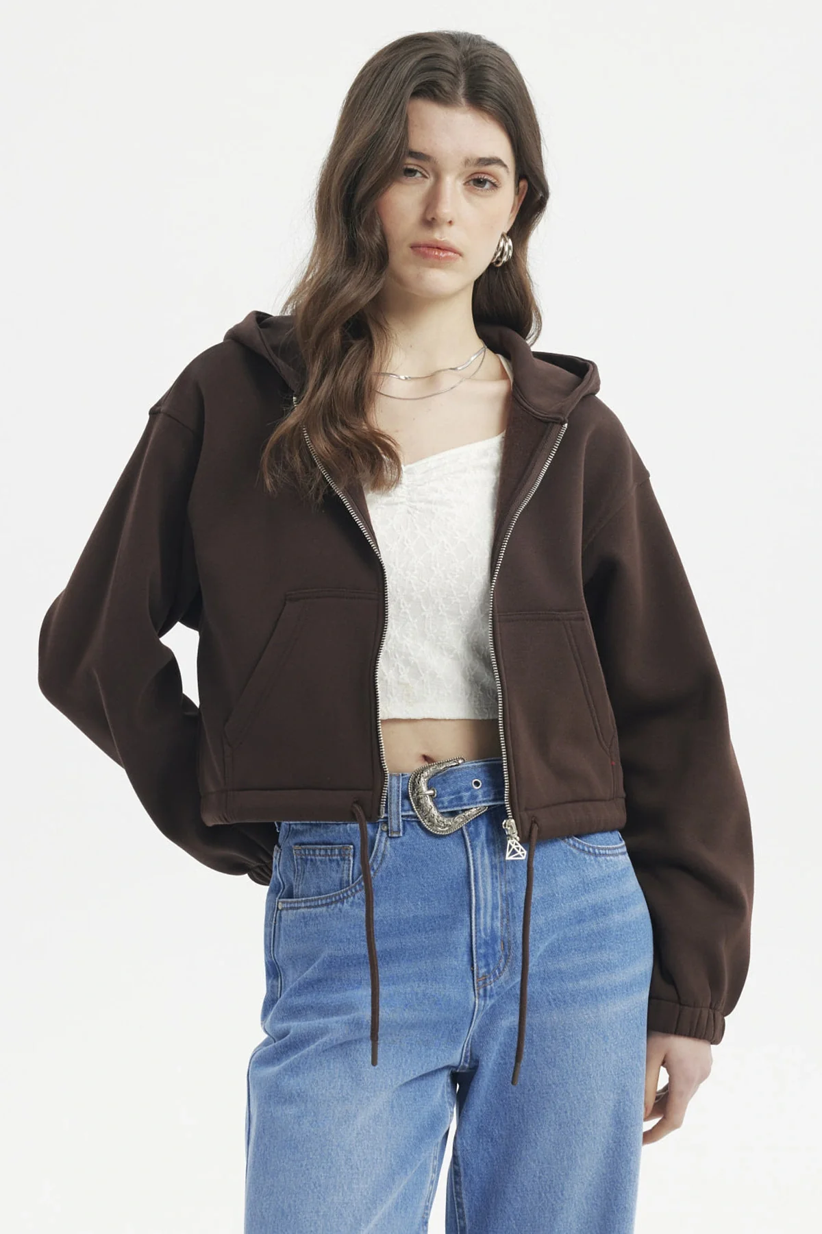Polerón Mujer Zipper Crop Café Oscuro