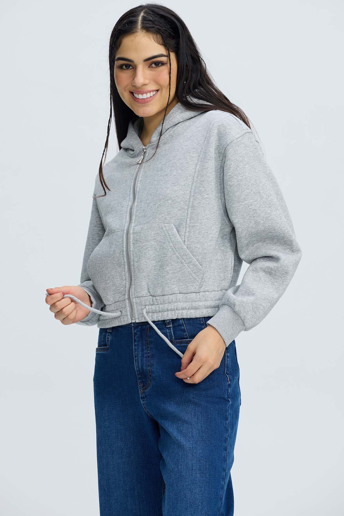 Polerón Mujer Zipper Crop Gris Melange - Image 2