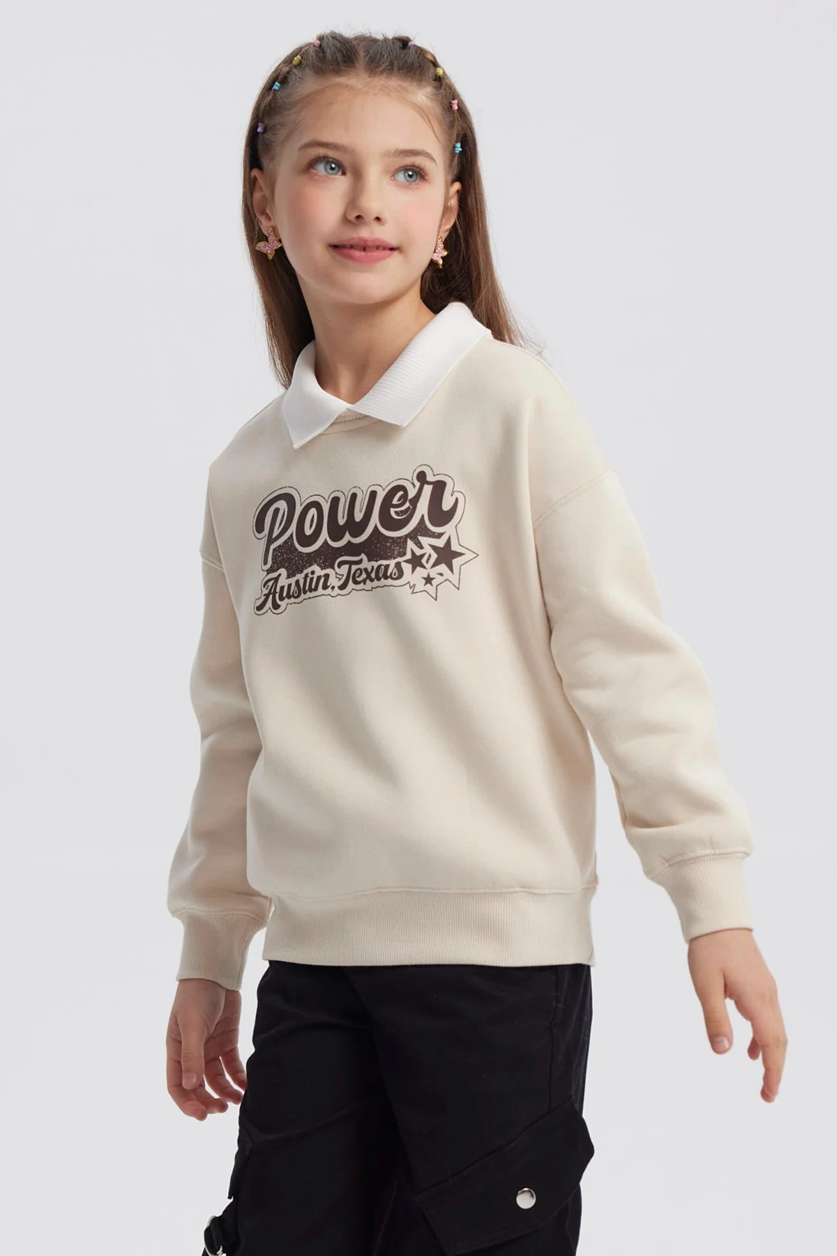 Polerón Niña Cuello Camisero Beige - Image 2