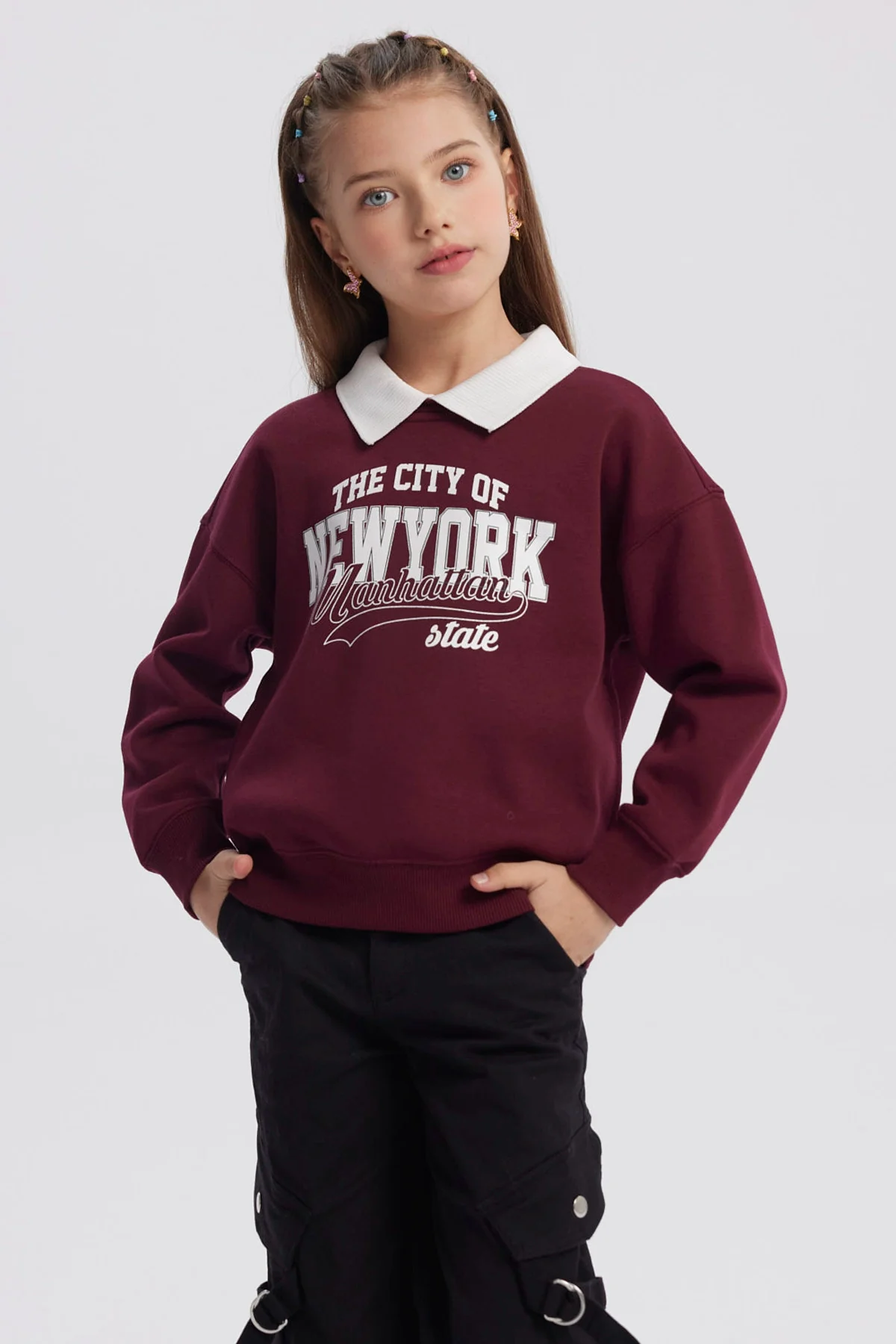 Polerón Niña Cuello Camisero Burdeo