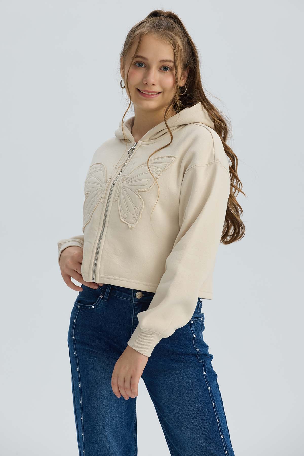 Polerón Niña Full Zipper Mariposa Beige - Image 2
