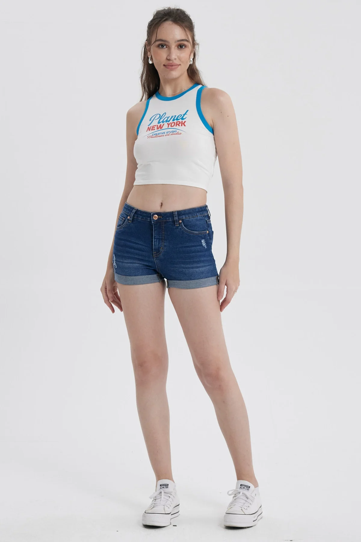 Short Mujer Roll Up Tiro Alto Azul - Image 4