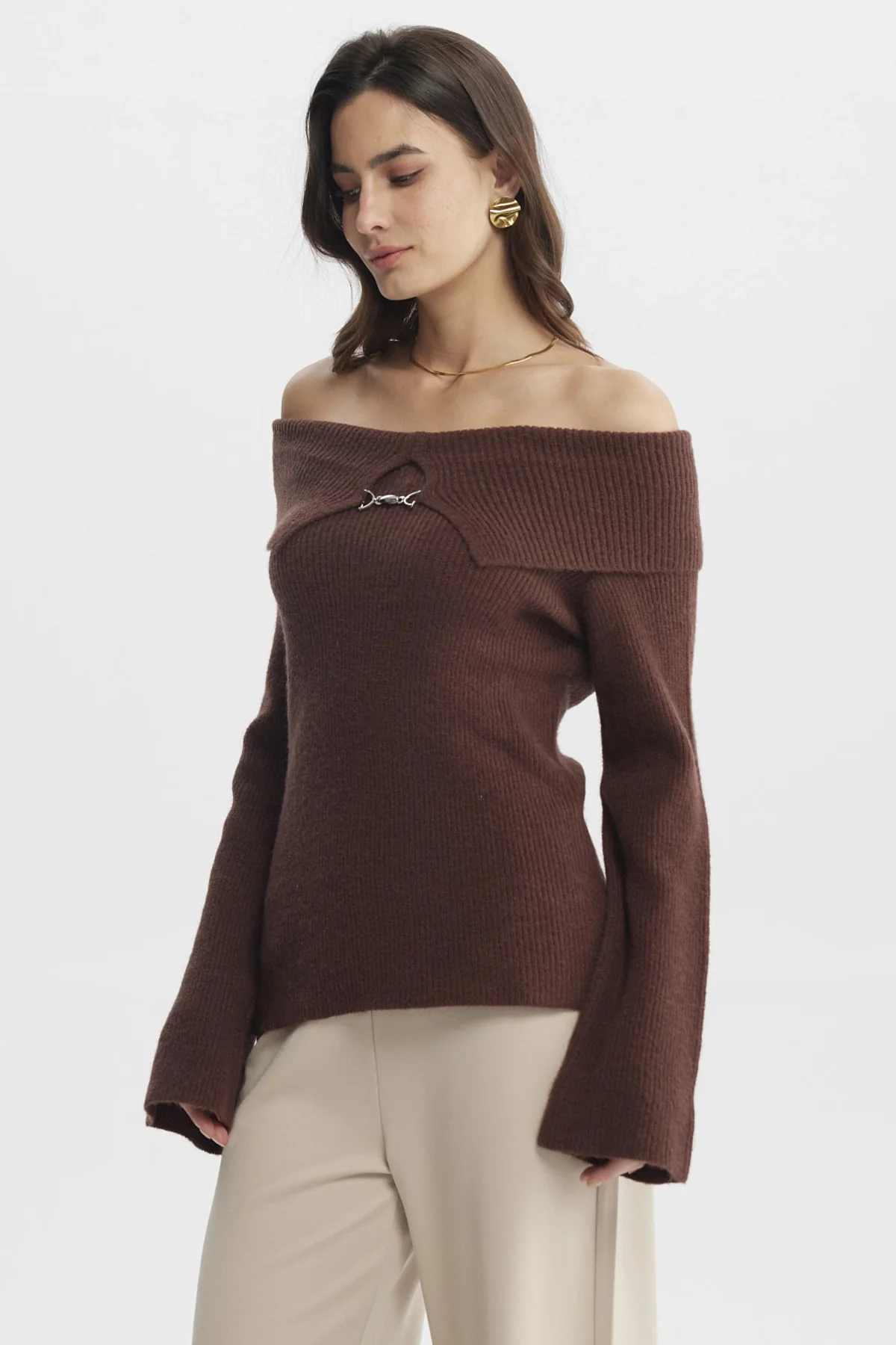 Sweater Mujer Ajustado Hombro Descubierto Café Claro - Image 2