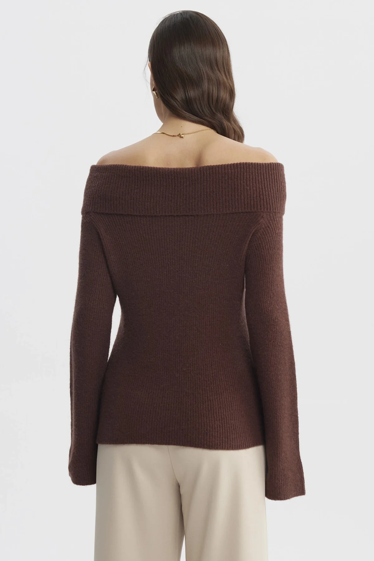 Sweater Mujer Ajustado Hombro Descubierto Café Claro - Image 3