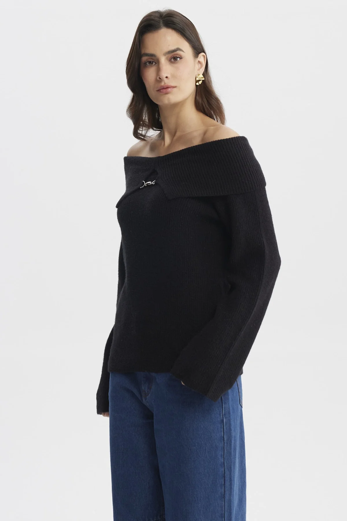 Sweater Mujer Ajustado Hombro Descubierto Negro - Image 2