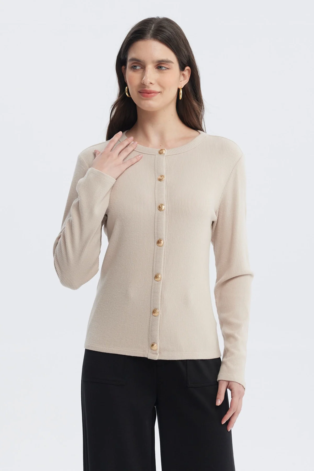 Sweater Mujer Aplicación Botones Beige