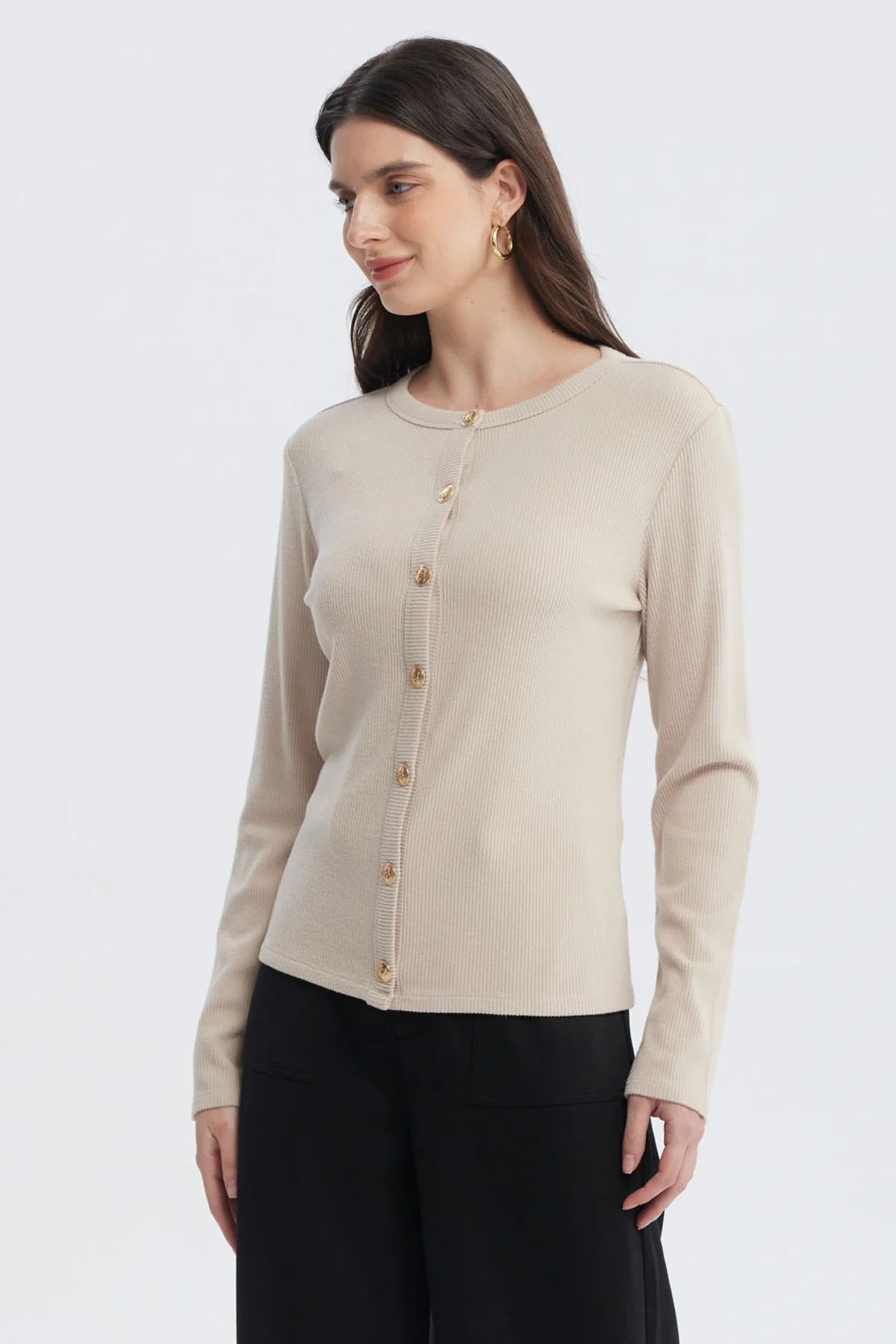 Sweater Mujer Aplicación Botones Beige - Image 2