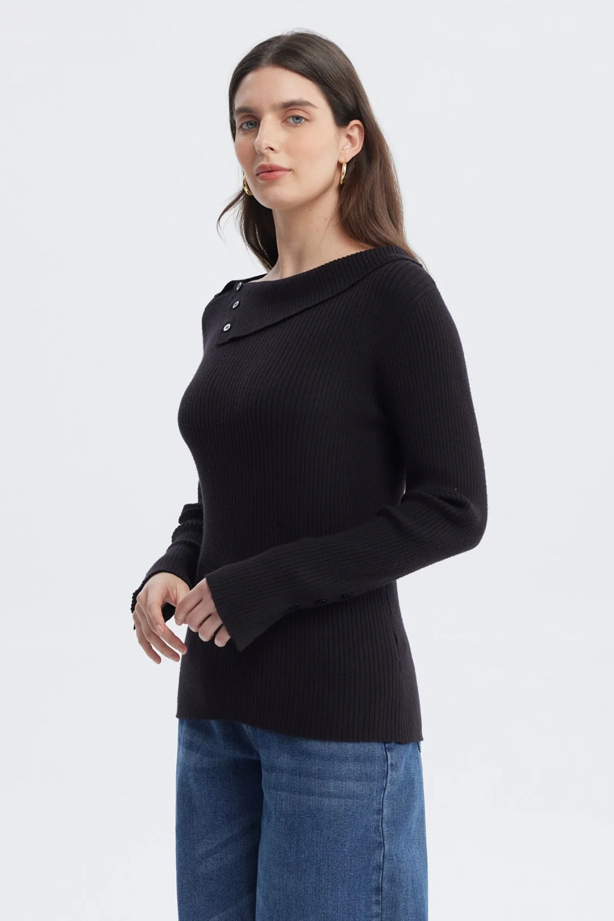 Sweater Mujer Asimétrico Botones Negro - Image 2