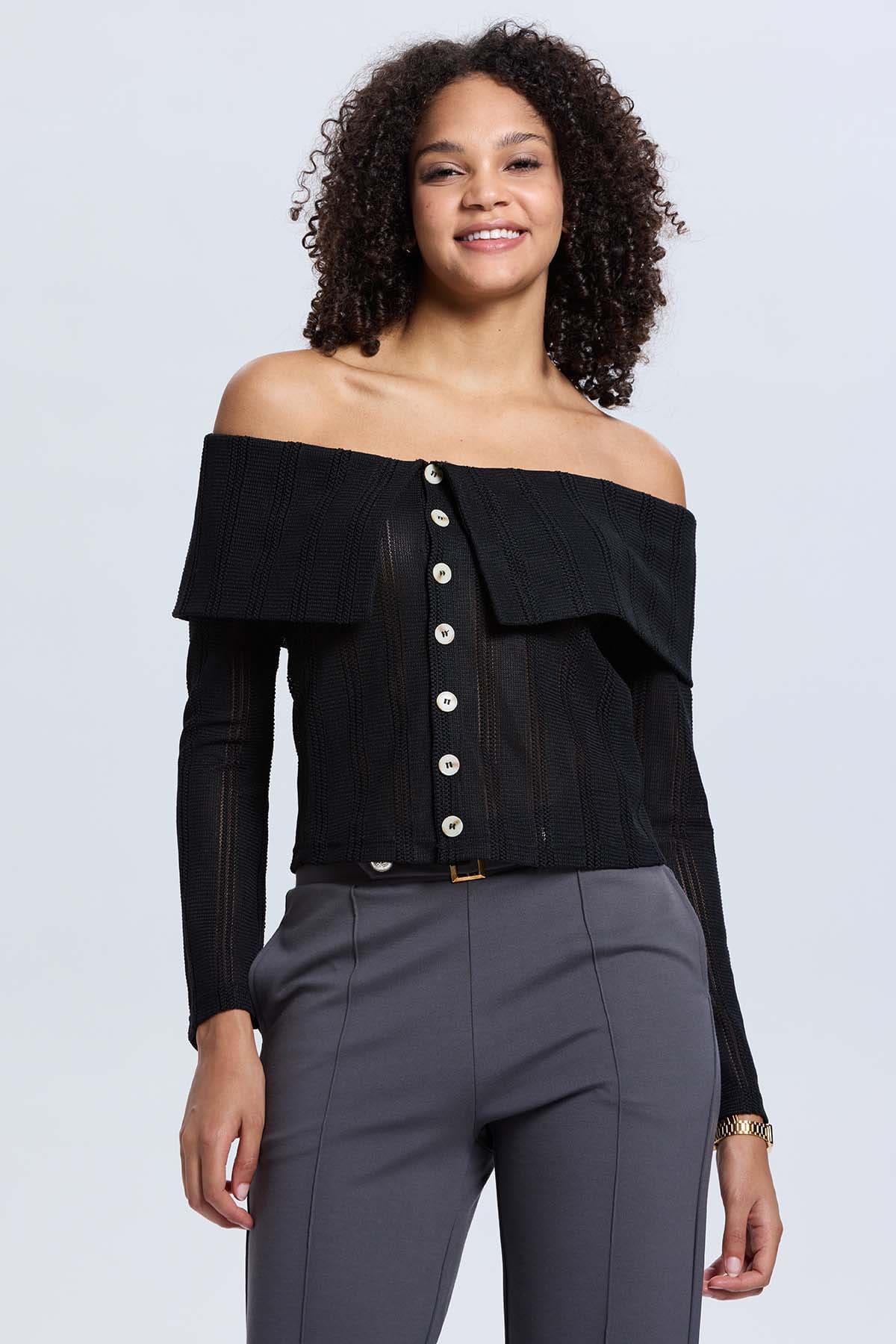 Sweater Mujer Con Bardot Negro