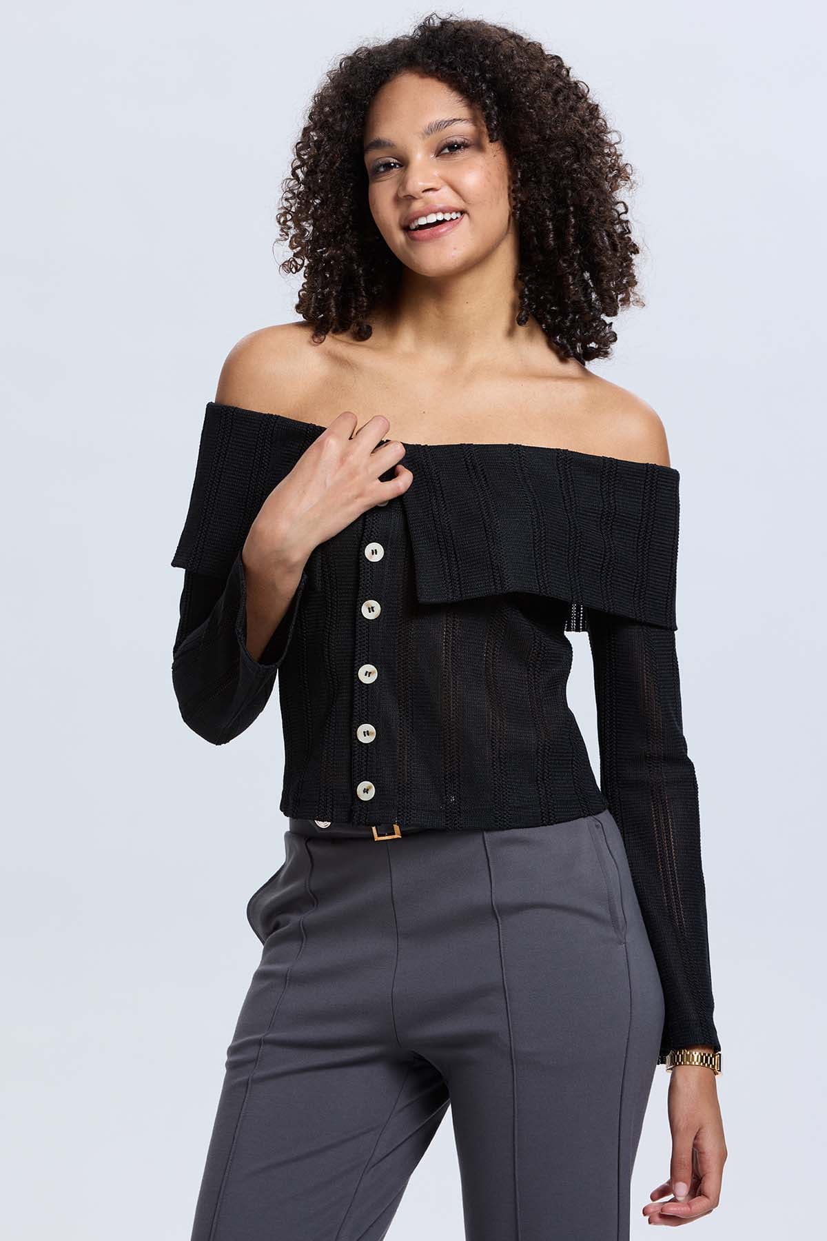 Sweater Mujer Con Bardot Negro - Image 2