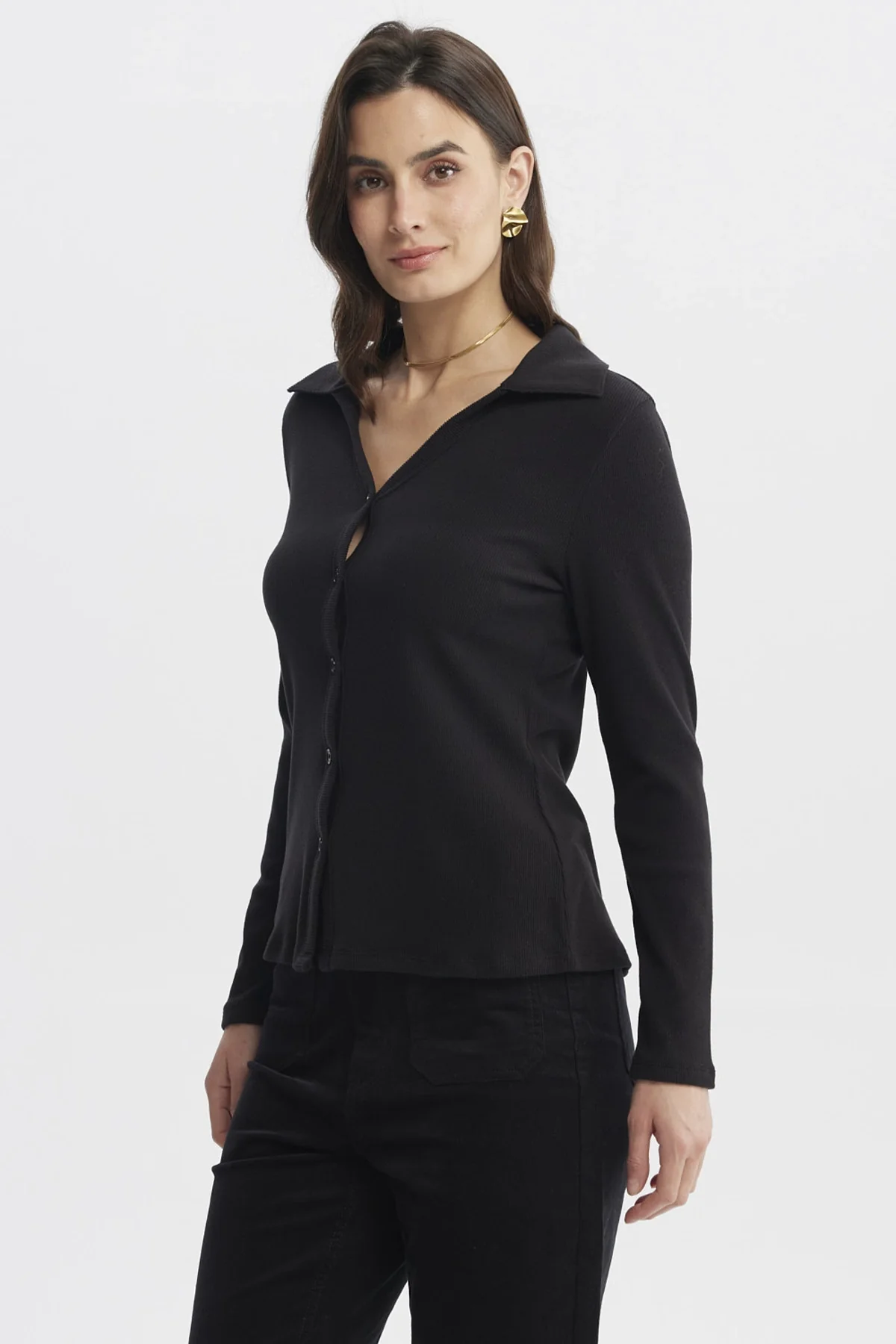 Sweater Mujer Cuello Camisero Negro - Image 2