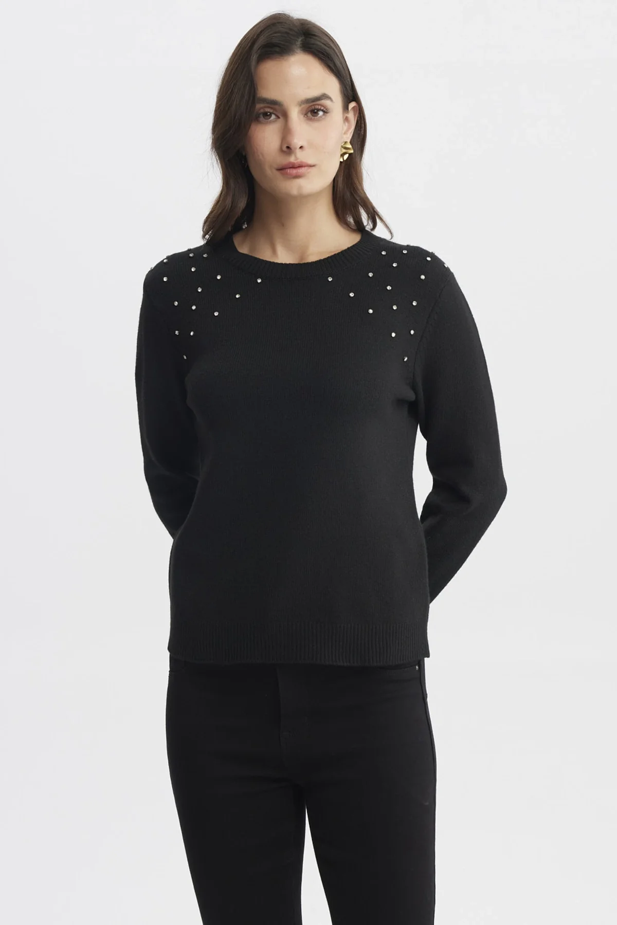 Sweater Mujer Cuello Strass Negro
