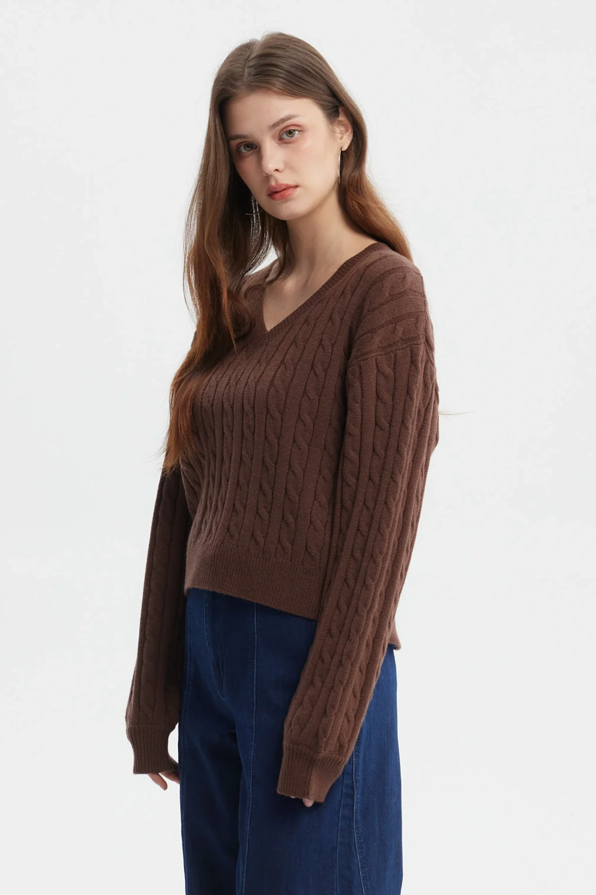 Sweater Mujer Cuello V Lisos Café Oscuro - Image 2
