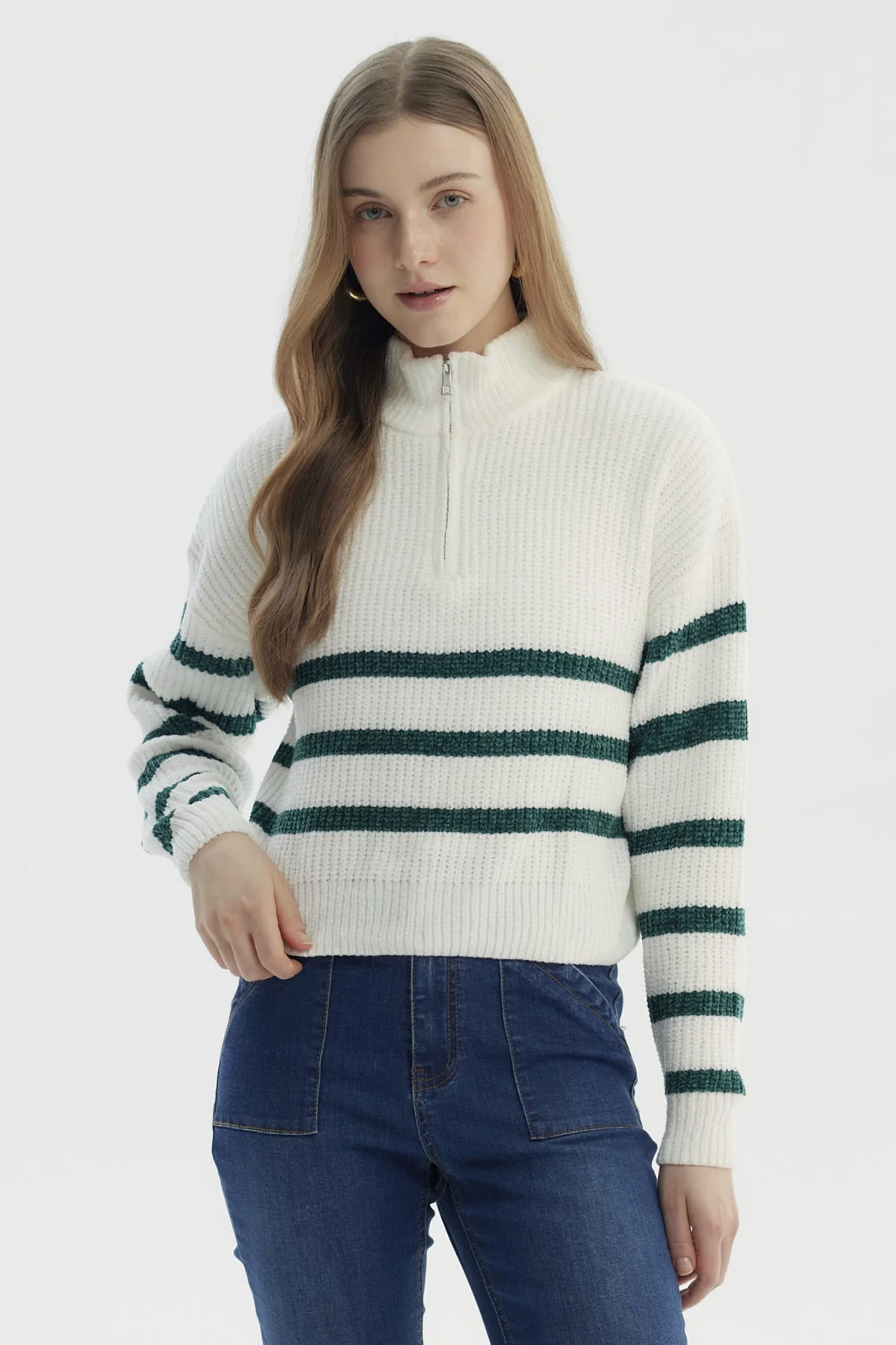 Sweater Mujer Half Zipper Crudo/Verde