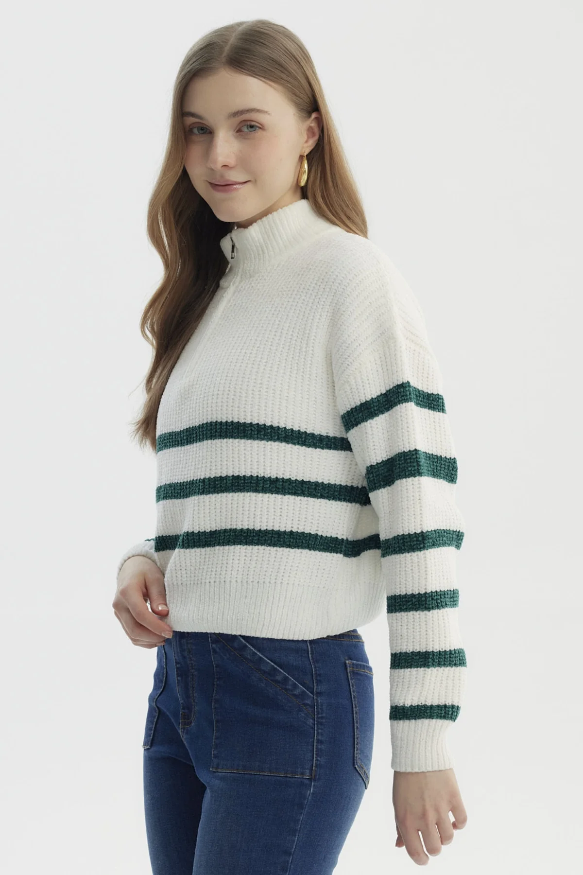 Sweater Mujer Half Zipper Crudo/Verde - Image 2