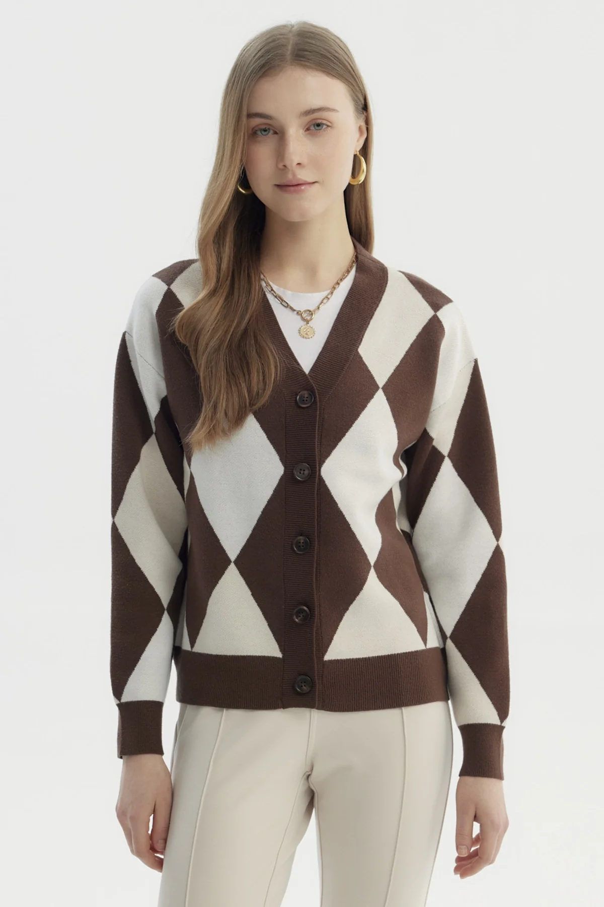 Sweater Mujer Peludo Rombos Café
