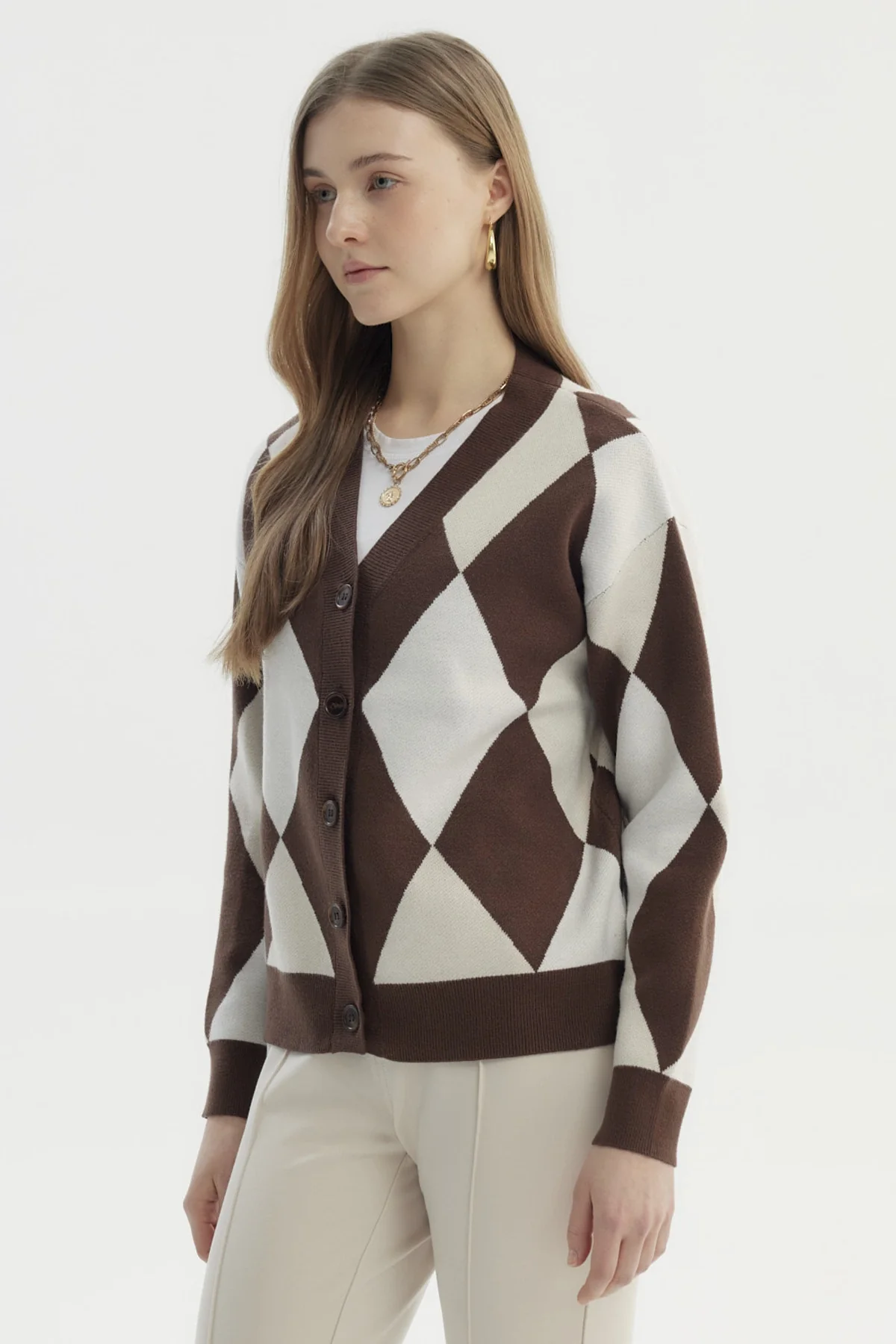 Sweater Mujer Peludo Rombos Café - Image 2