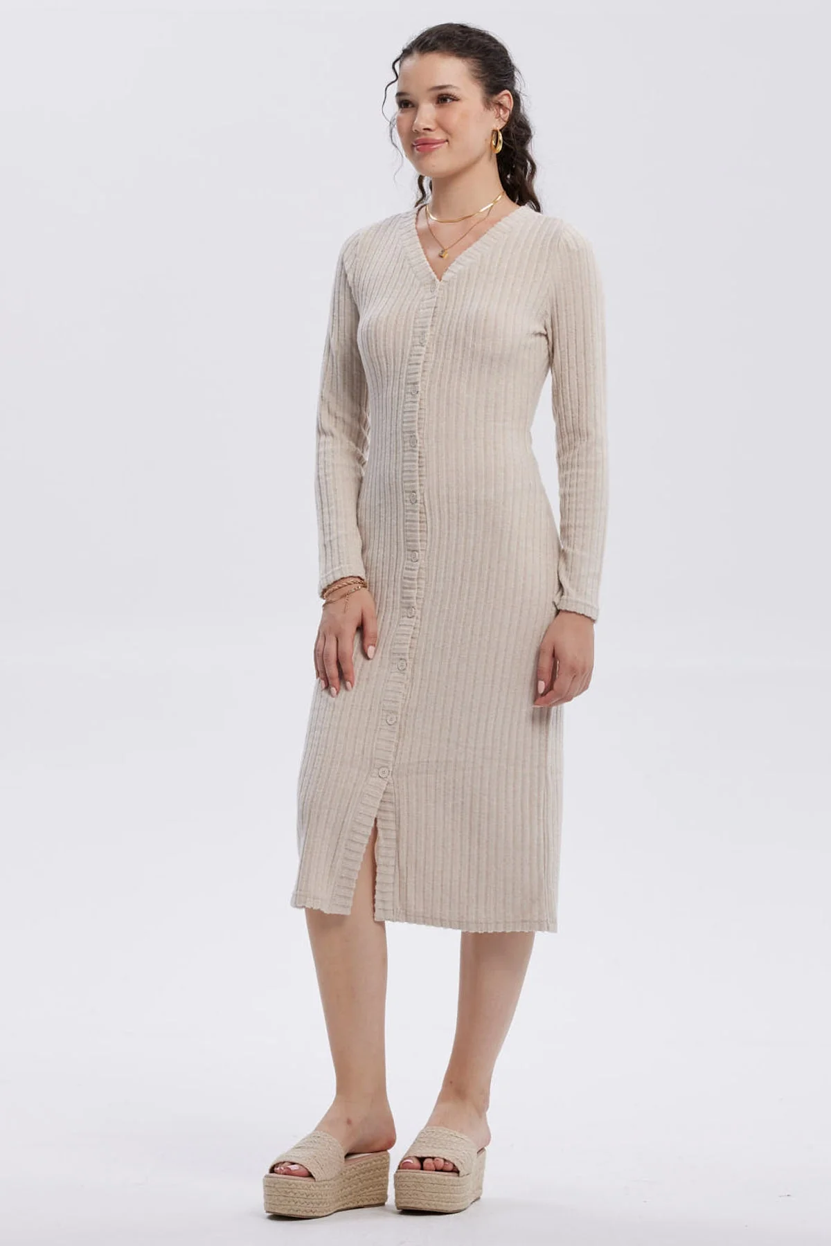 Vestido Mujer Abotonado Beige - Image 4