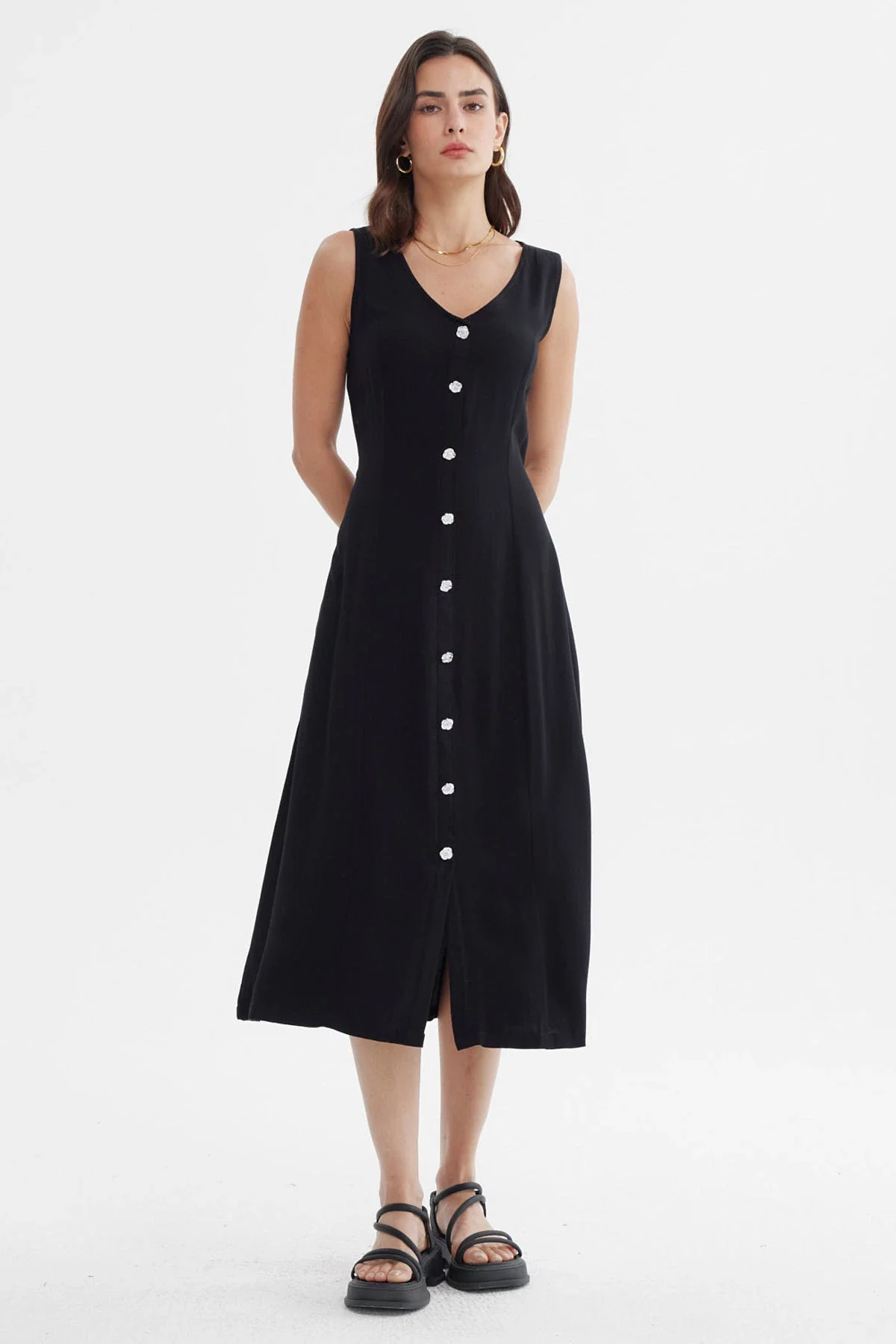 Vestido Mujer Ajustable Botones Negro