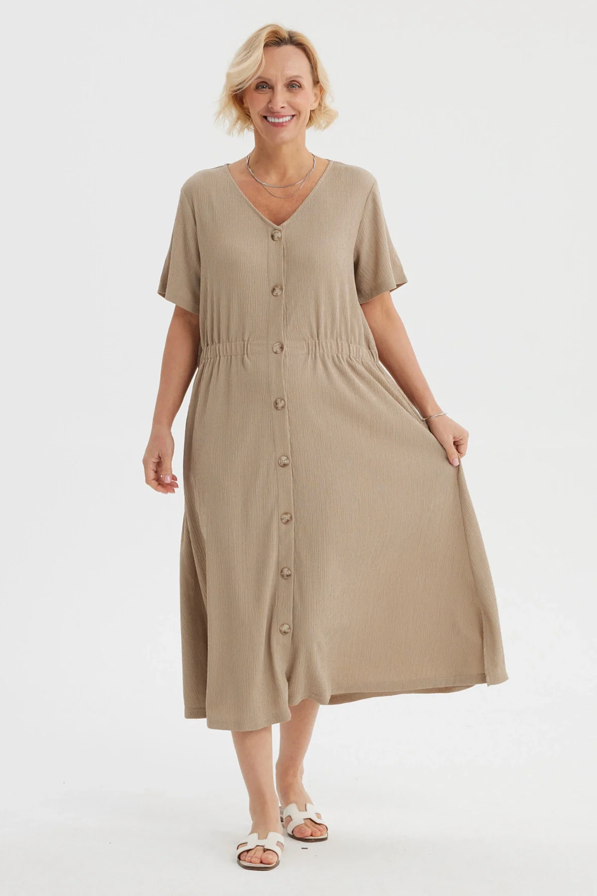 Vestido Mujer Botones Arena