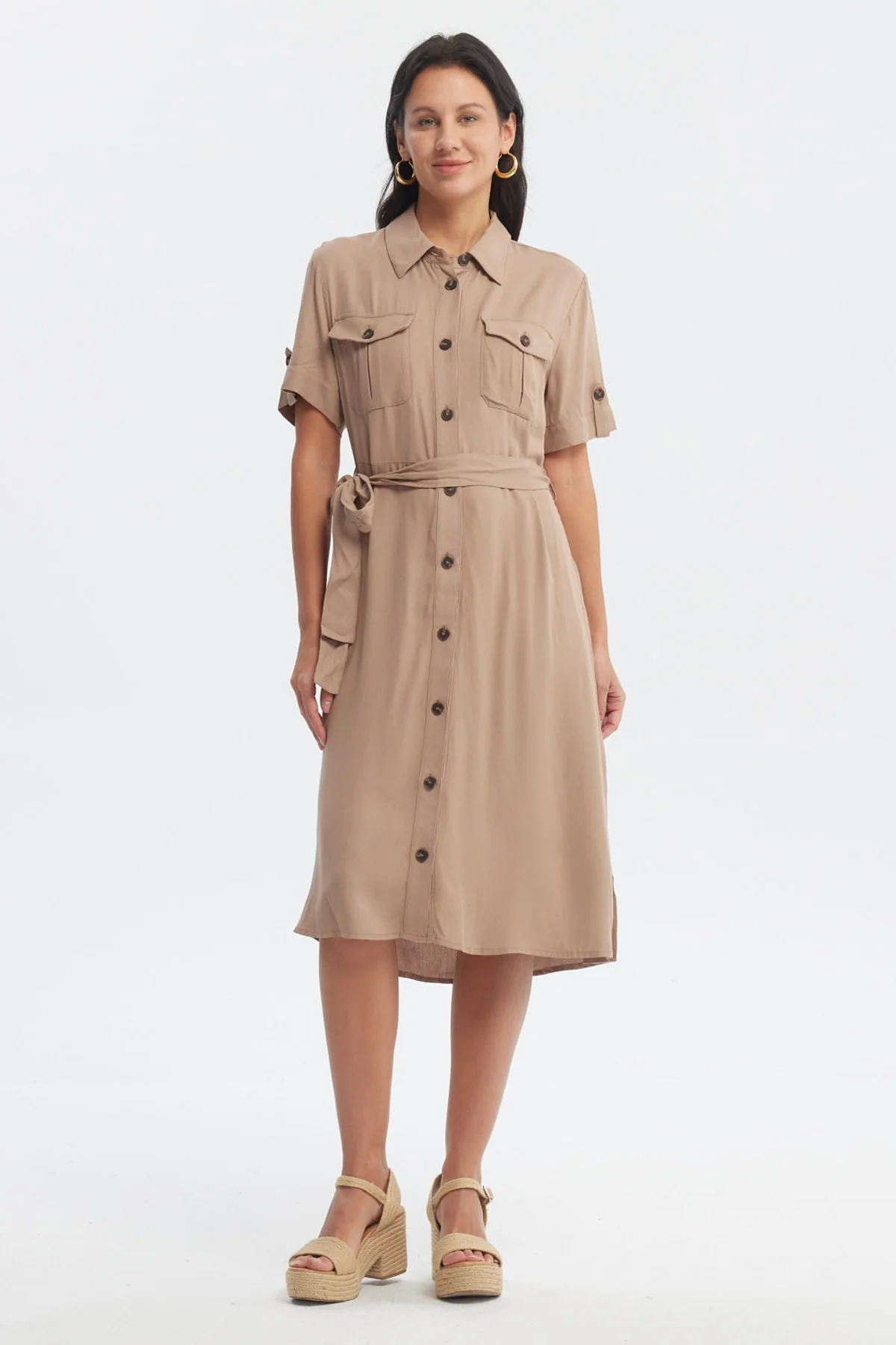 Vestido Mujer Camisero Con Cinturón Café Claro