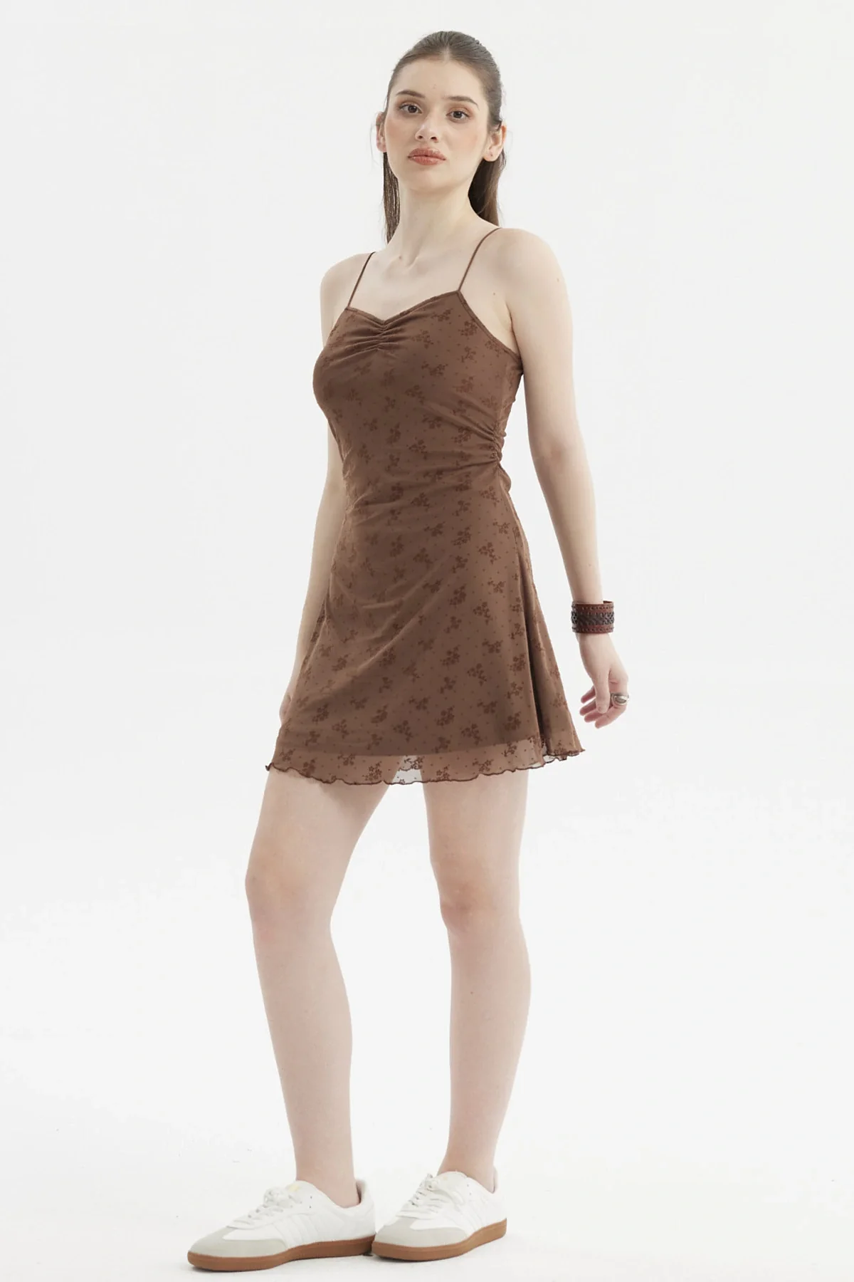 Vestido Mujer Corto Malla Aplicación Flock Café Oscuro - Image 3
