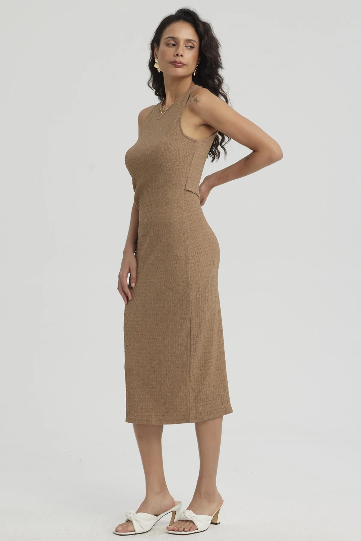 Vestido Mujer Corto Recogido Beige - Image 2