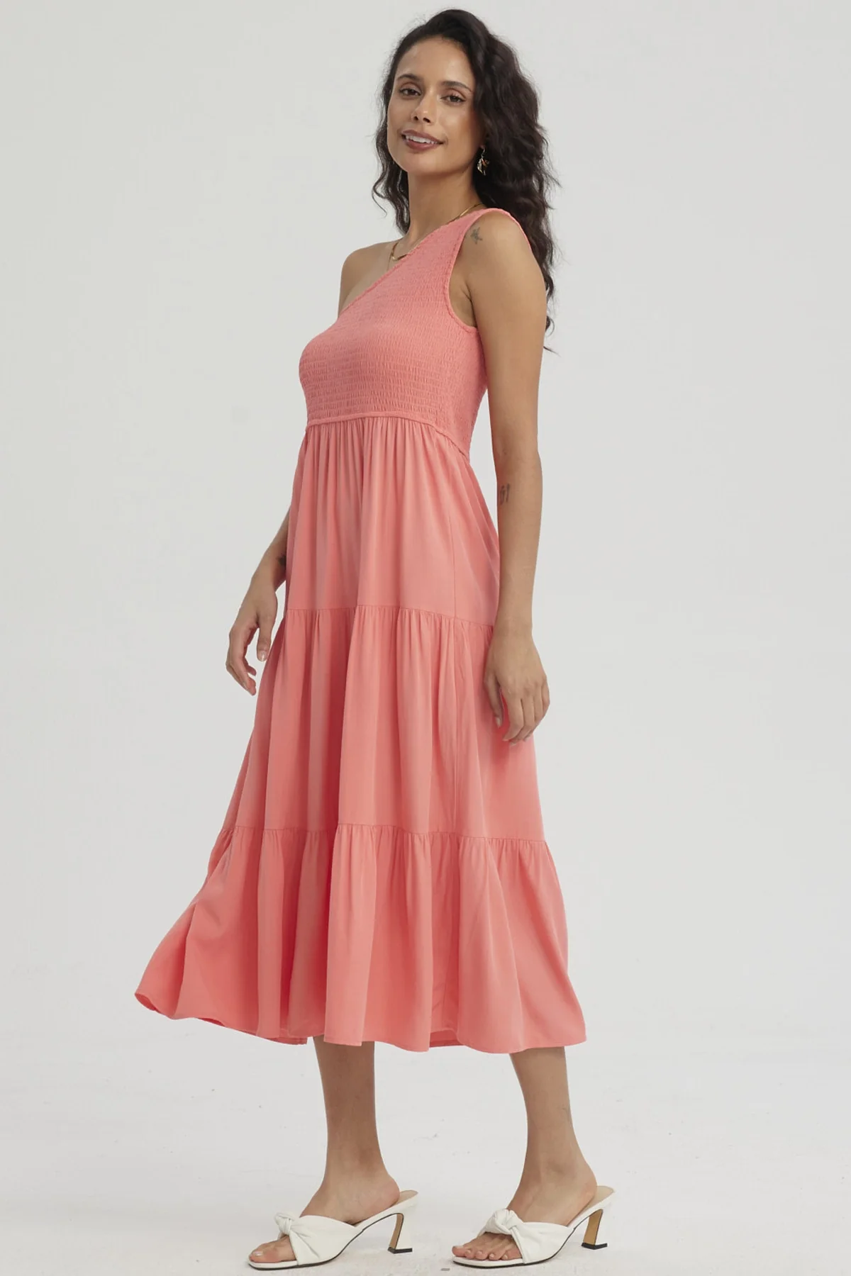 Vestido Mujer Hombro Asimétrico Coral - Image 3