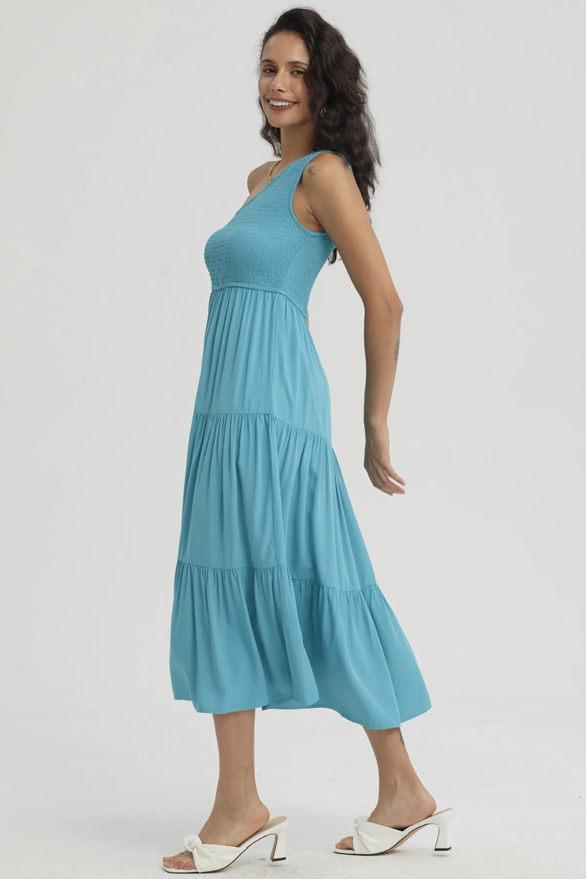 Vestido Mujer Hombro Asimétrico Turquesa - Image 4