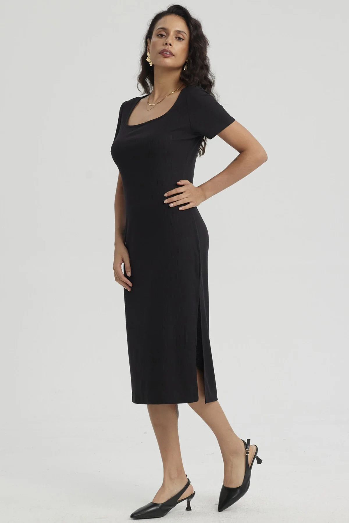 Vestido Mujer Largo Escote Cuadrado Negro - Image 4