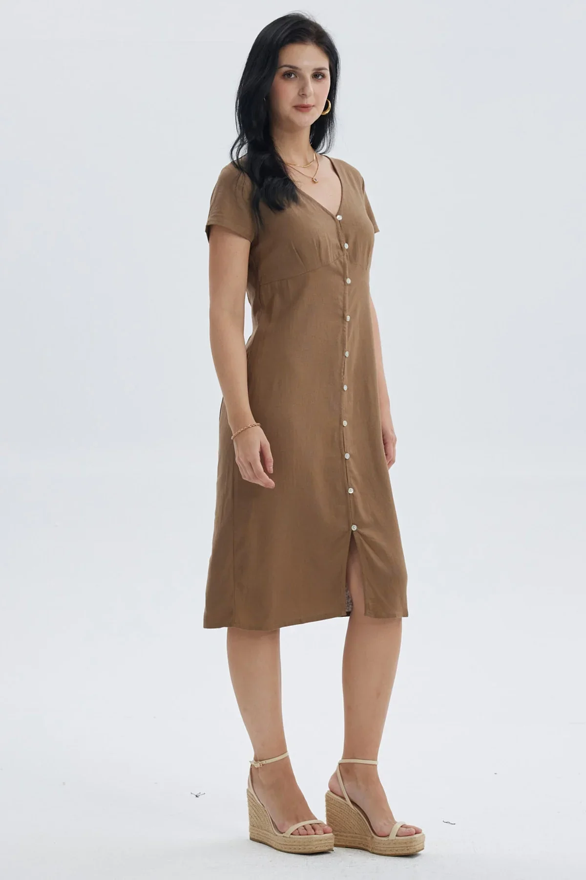 Vestido Mujer Lino Abotonado Café Claro - Image 3
